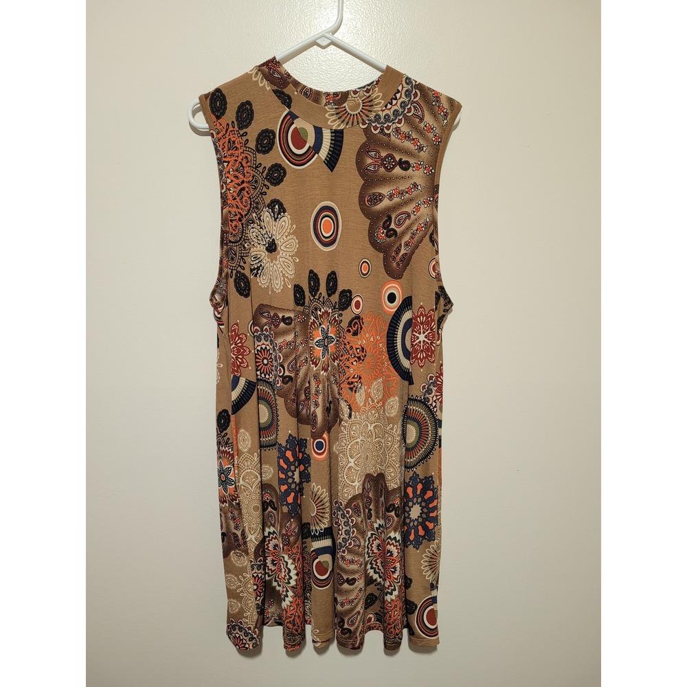 Honeyme Curvy‎ Tunic Top Womens XXXL Tan Multicolor Medallion Boho Sleeveless